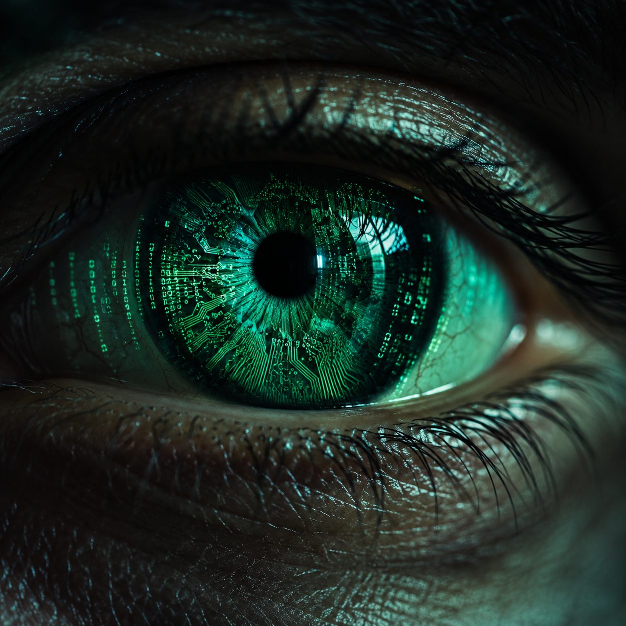 A human eye with a circuit-board iris reflecting green code