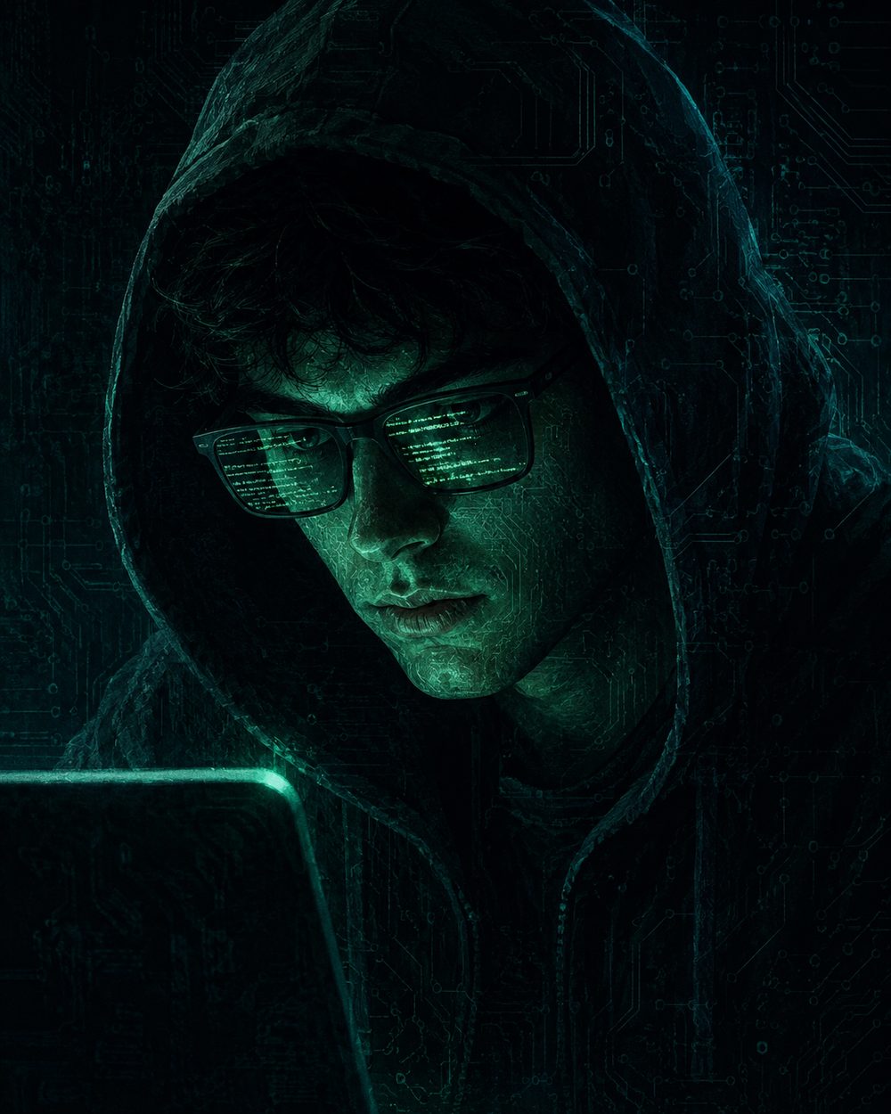 A hooded figure lit only by the green glow of a laptop screen