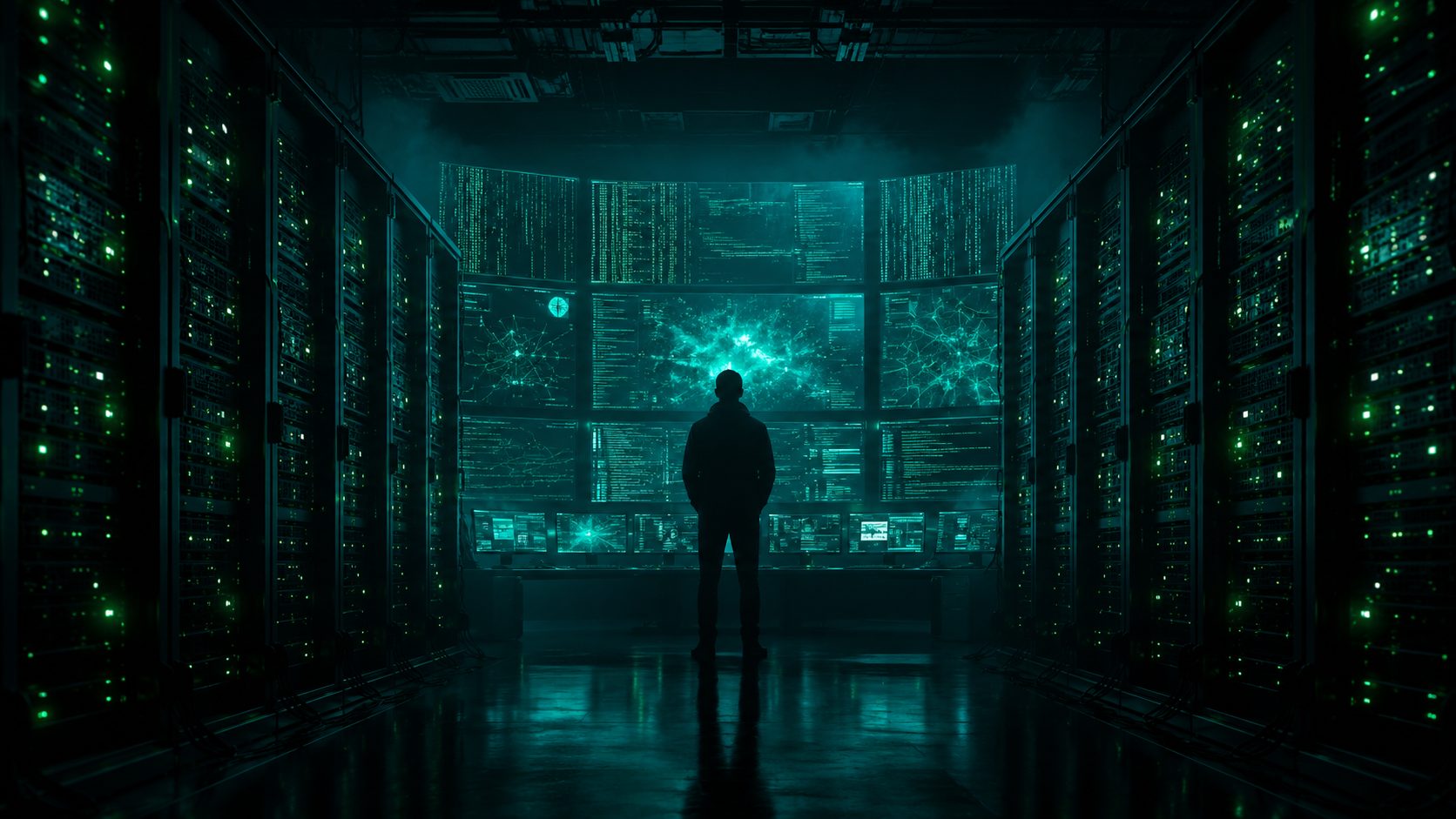 A lone figure facing a wall of glowing screens in a dark server room